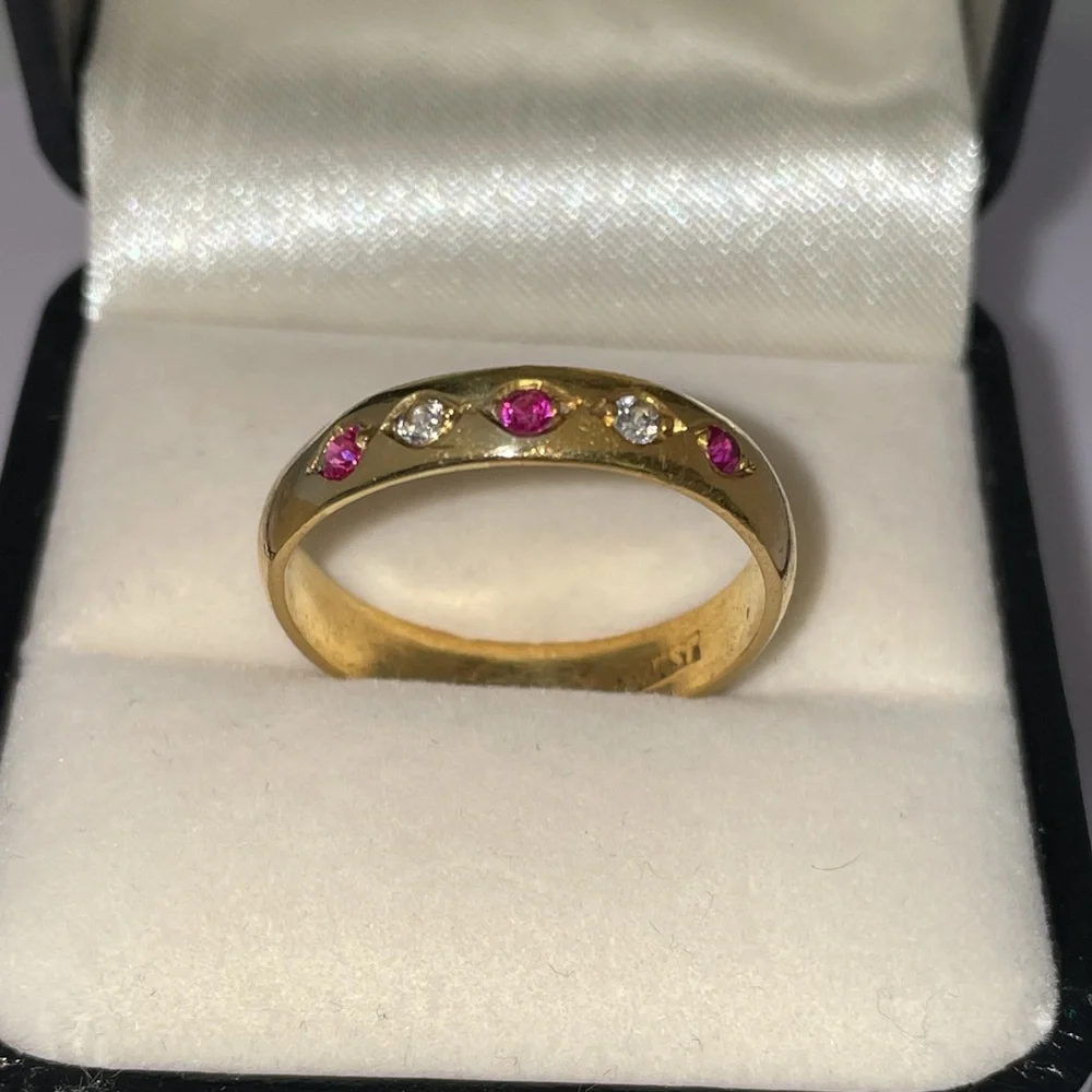 Antique ERNST Solid 14K Yellow Gold Synthetic Ruby Faux Diamond Unisex Band Ring